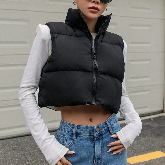 Black Casual Women's Zip Up Crop Vest Puffer Thick Coat - Picture 6 of 9
